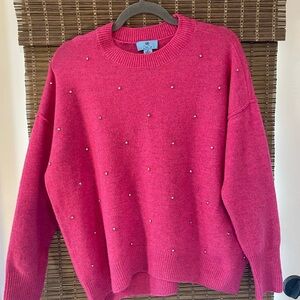CeCe Pink Crew Neck Sweater with Rhinestones